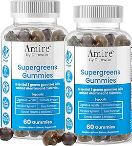 Amire by Dr. Awan Super Greens Gummies, Fruit & Veggies Supplement, Green Superfood for Immunity, Metabolisme, Leverfunctie & Zenuwstelsel, Essential 8 Greens, 120ct, 60day Supply