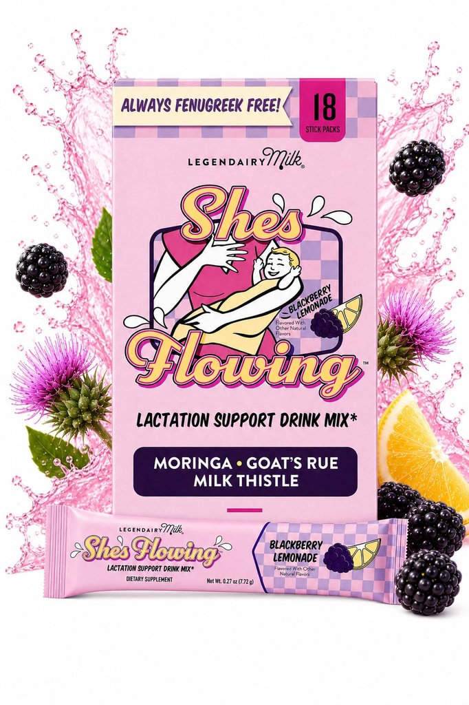 Legendairy Milk She's Flowing – BlackBerry Lemonade, Lactation Support Drink Mix – Breastfeeding Electrolytes, Coconut Water, Moringa, Milk Thistle, Fenugreek Free, Postpartum Hydration, 18 Ct
