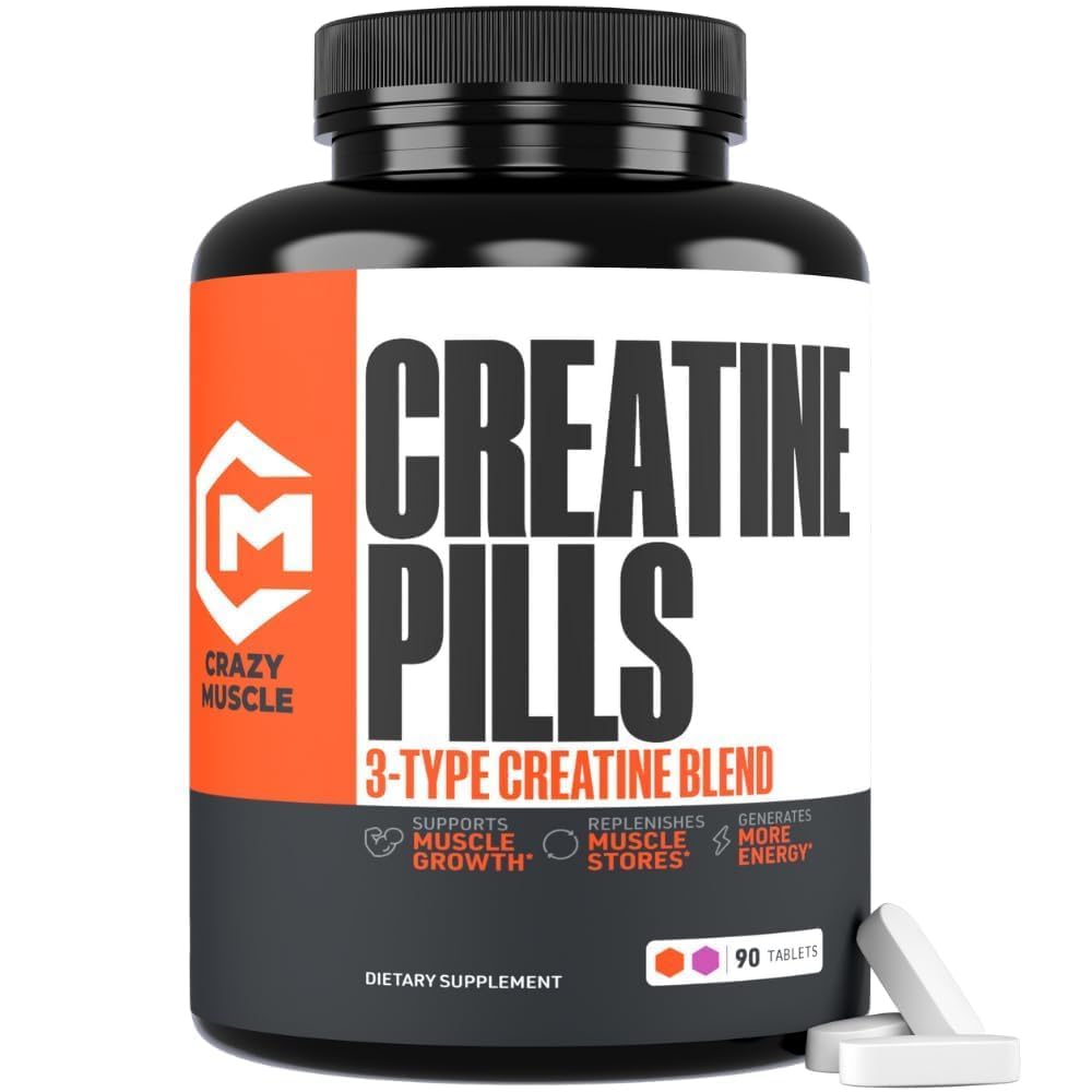 Crazy Muscle Creatine Pillen, 5g 3X Pure Creatine Monohydraat, Pre Workout Bulk Muscle Mass Gainer, Hoge Absorptie Eenvoudig te nemen DrieAtine 3 Type Optimale prestaties voor Lean Growth, 90 Tablets