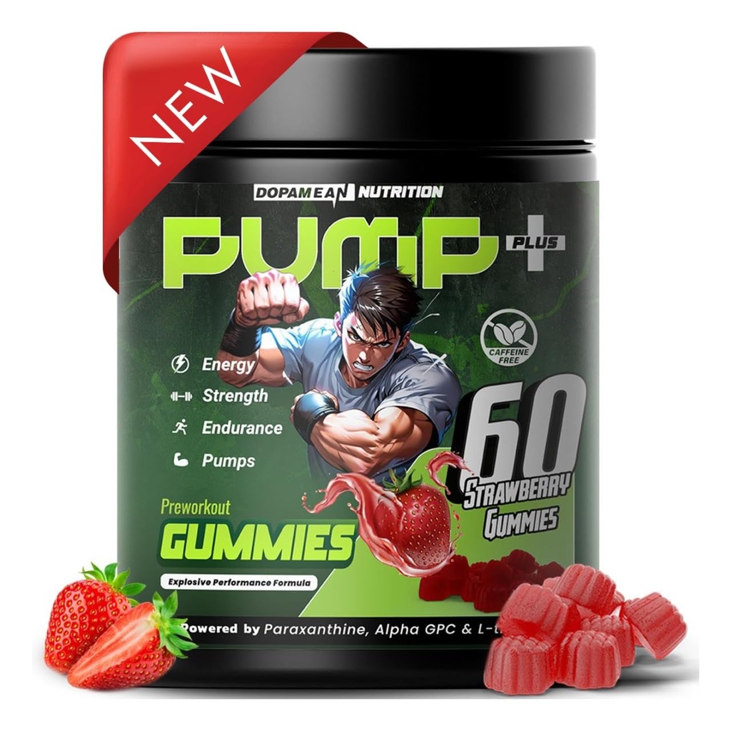 Pump Pre Workout Gummies - Non-Stim Caffeine-Free - Powered by Creatine Beta Alanine Alpha GPC Beetroot & Cordyceps Extract - Vegan Strawberry Flavor - 60 Gummies for Men and Women