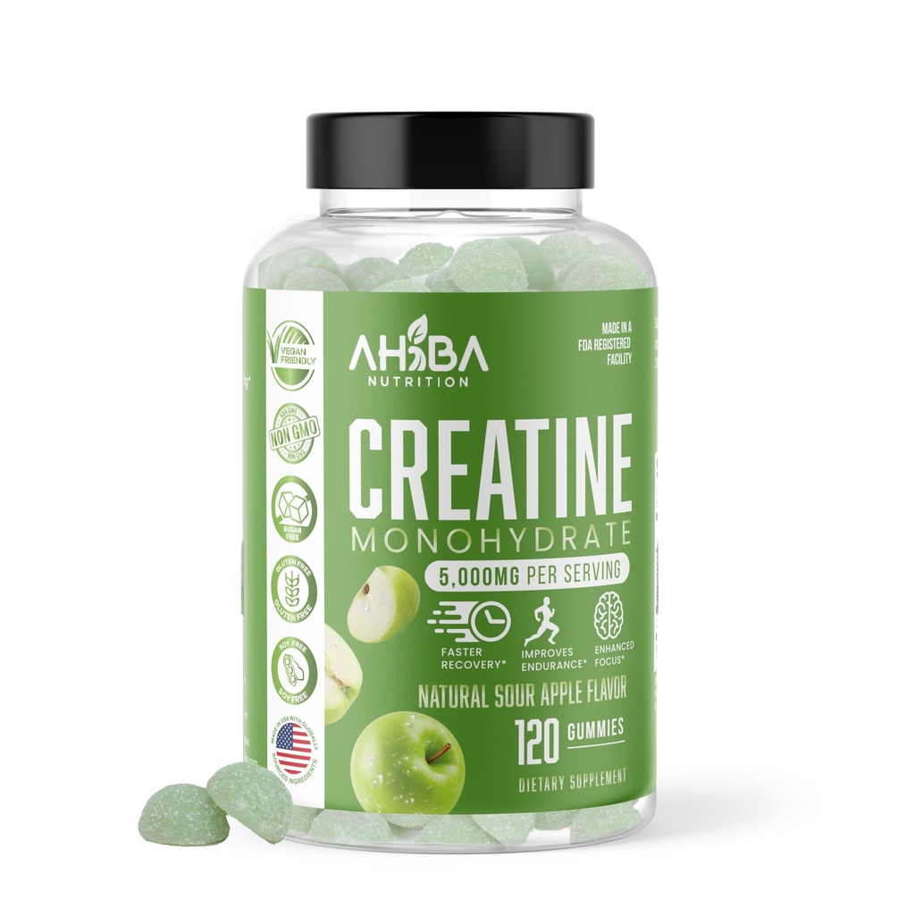 Creatine Monohydrate Gummies 5000mg per Serving, Vegan, Non-GMO, Sugar-Free, Soy-Free, Gluten-Free, Men & Women,More Strength & Recovery- Sour Apple Flavor, Made in USA, Workout and for Gym