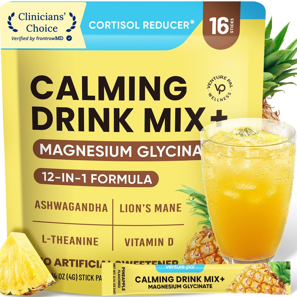 Venture Pal Calm Drink Mix, 12-in-1 Cortisol Reducer and Sleep Aid with Magnesium Glycinate, Ashwagandha, L-Theanine,Vitamin D, Calm Magnesium Powder for Relax & Focus, No Sugar, Non GMO