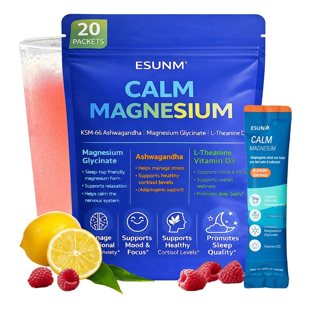 ESUNM Calm Magnesium Drink Mix Packets, Magnesium Glycinate with KSM-66 Ashwagandha, L-Theanine, GABA, Saffron & Vitamin D3, Relaxation, Mood & Sleep Support, Raspberry Lemonade, 20 Stick Packs