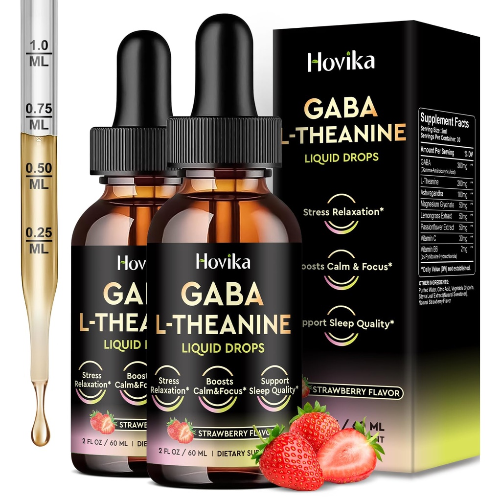 2 Pack GABA L-Theanine Drops - Liquid GABA L-Theanine Supplement with Ashwagandha, Magnesium Glycinate, Vitamin C, B6 - Support Sleep, Relaxation, Calm Mood & Focus - Strawberry Flavor