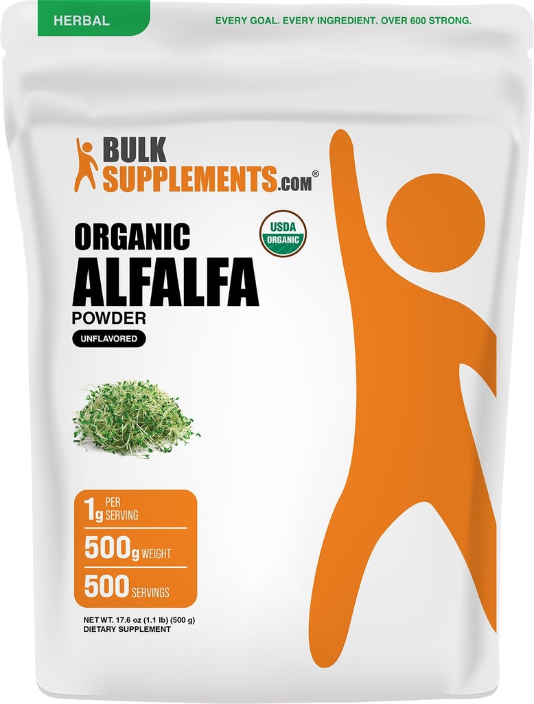 BulkSupplements.com Biologische Alfalfa Graspoeder - Alfalfasupplement, Groen Superfoodpoeder - Veganistisch & Glutenvrij, 5g per portie, 500g (1.1 lbs) (verpakking van 1)