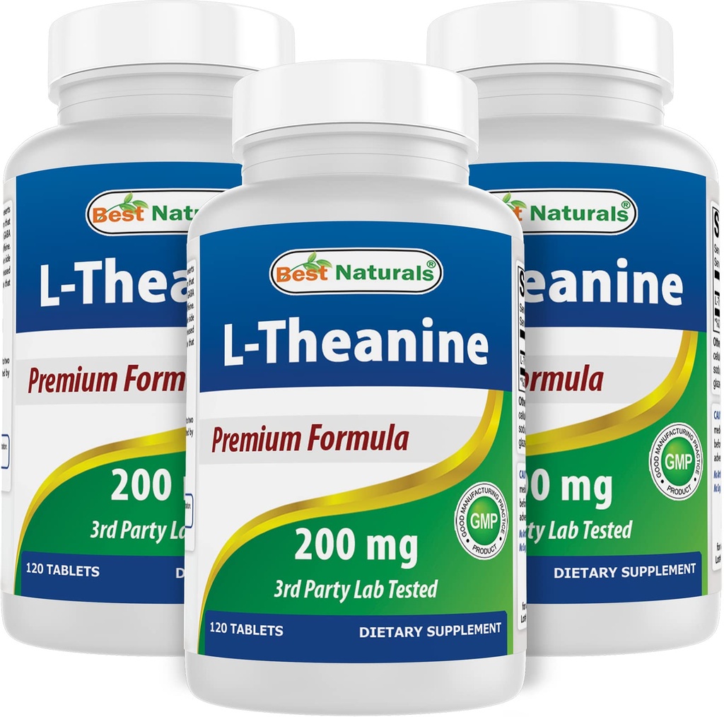 Best Naturals L-Theanine 200 mg per tablet (400 mg per 2 tabletten) - Bevordert ontspanning zonder slaap - 120 Vegetarische tabletten - (120 telling (pakket van 3))