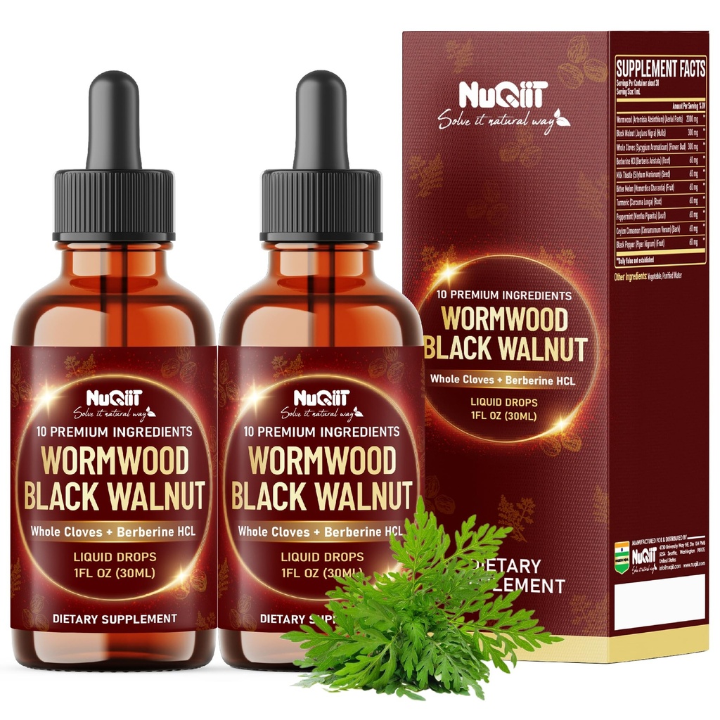 10in1 Wormwood Liquid Drops with Wormwood, Black Walnut, Whole Cloves, Berberine, Milk Thistle, Turmeric, Ginger, Milk Thistle and More - Support Digestive, Immune - 2 Pack (60ml Total) for 60Days.