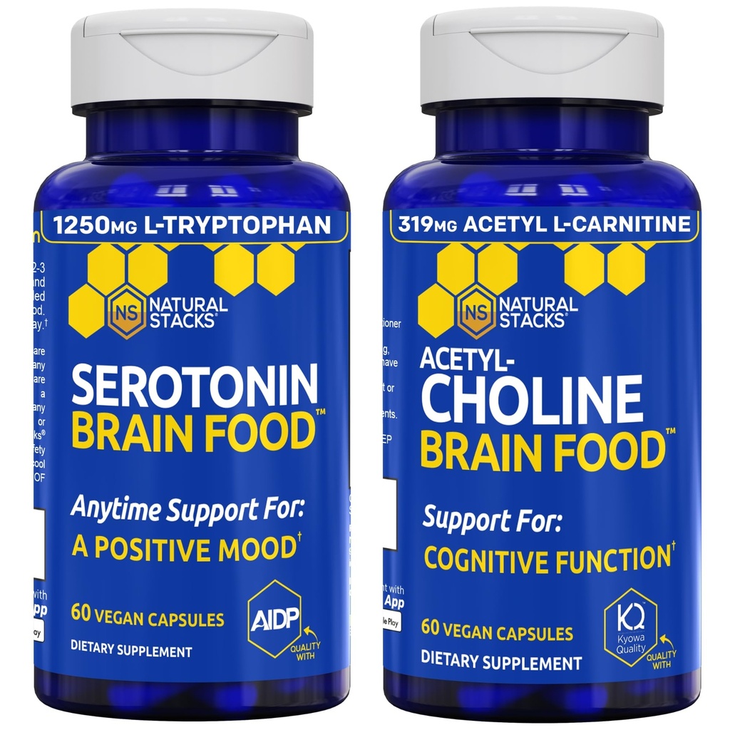 NATURAL STACKS Acetylcholine Brain Food & Serotonin Brain Food Bundle - Supports a Positive Mood & Cognitive Function* - 120 Total Capsules