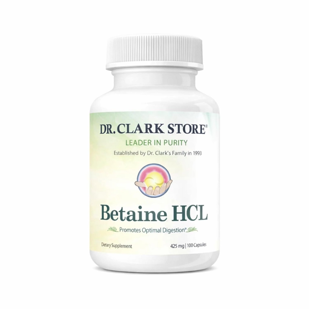Dr. Clark Betaine HCL Digestieve Enzymen - Acid Reflux Medicine, Zoutzuur Proteïne Supplement, Optimale Digestie Formule, 100 Gelatine Capsules, 425 mg
