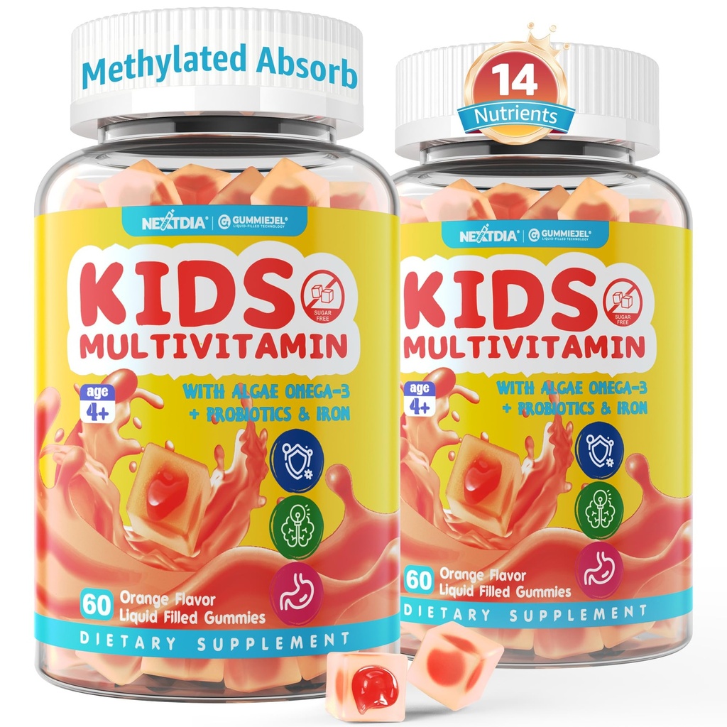 (2 Pack) Kids Multivitamine Gummies with Iron, Sugar Free, Kids Daily Vitamins + Probiotics, Algene Omega 3 (EPA/DHA), A, C, D, Methyl B12, Folaat, B6, Zink, Biotine, voor gezonde groei, Immuun Ondersteuning