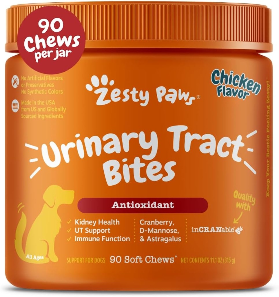 Zesty Paws Cranberry Supplement for Dogs - Bladder Control for Dogs - Urinary Tract Support - Cranberry Chews - Immune & Gut Support - Chicken - 90 Count