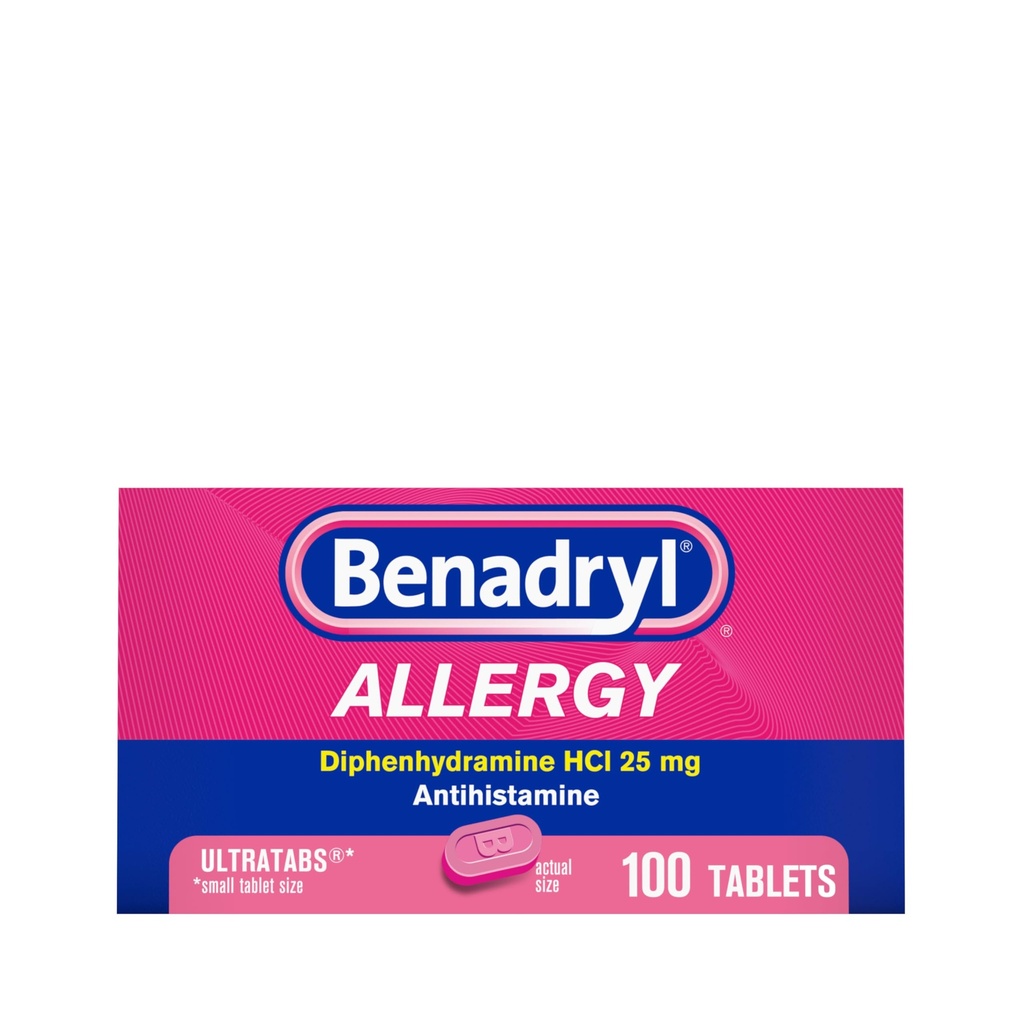 Benadryl Ultratabs Allergie Geneeskunde, 25 mg Difenhydramine HCl Antihistamine tabletten voor koude en Allergie Verlichting van symptomen zoals niezen, Runny Nose, Itchy Eyes & Throat, Hay Fever, 100 Teltabletten