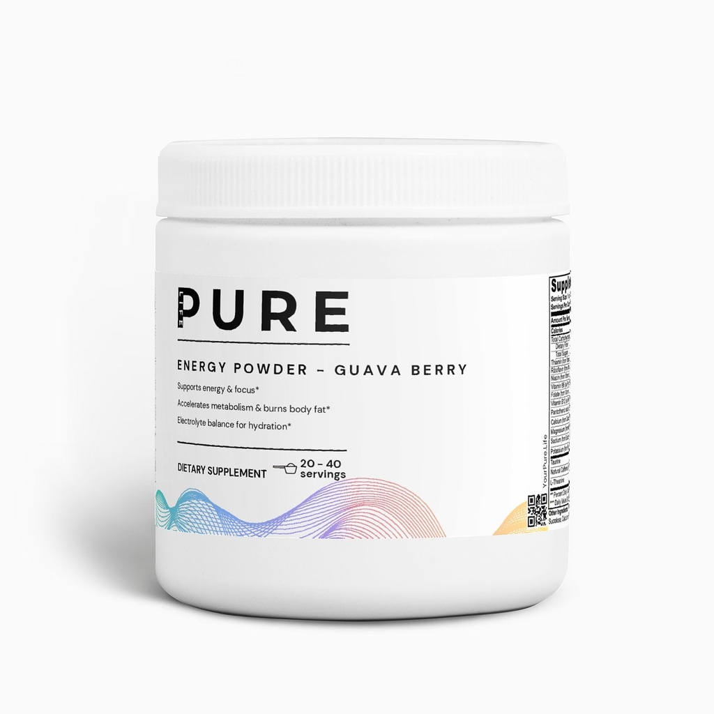 PURE LIFE Energy Powder Guava Berry Flavor – Sugar-Free Natural Drink Mix | Organic Powder for Workout, Focus & Endurance | 40 Servings | Pure Energy Booster Supplement 3.52oz (99g)