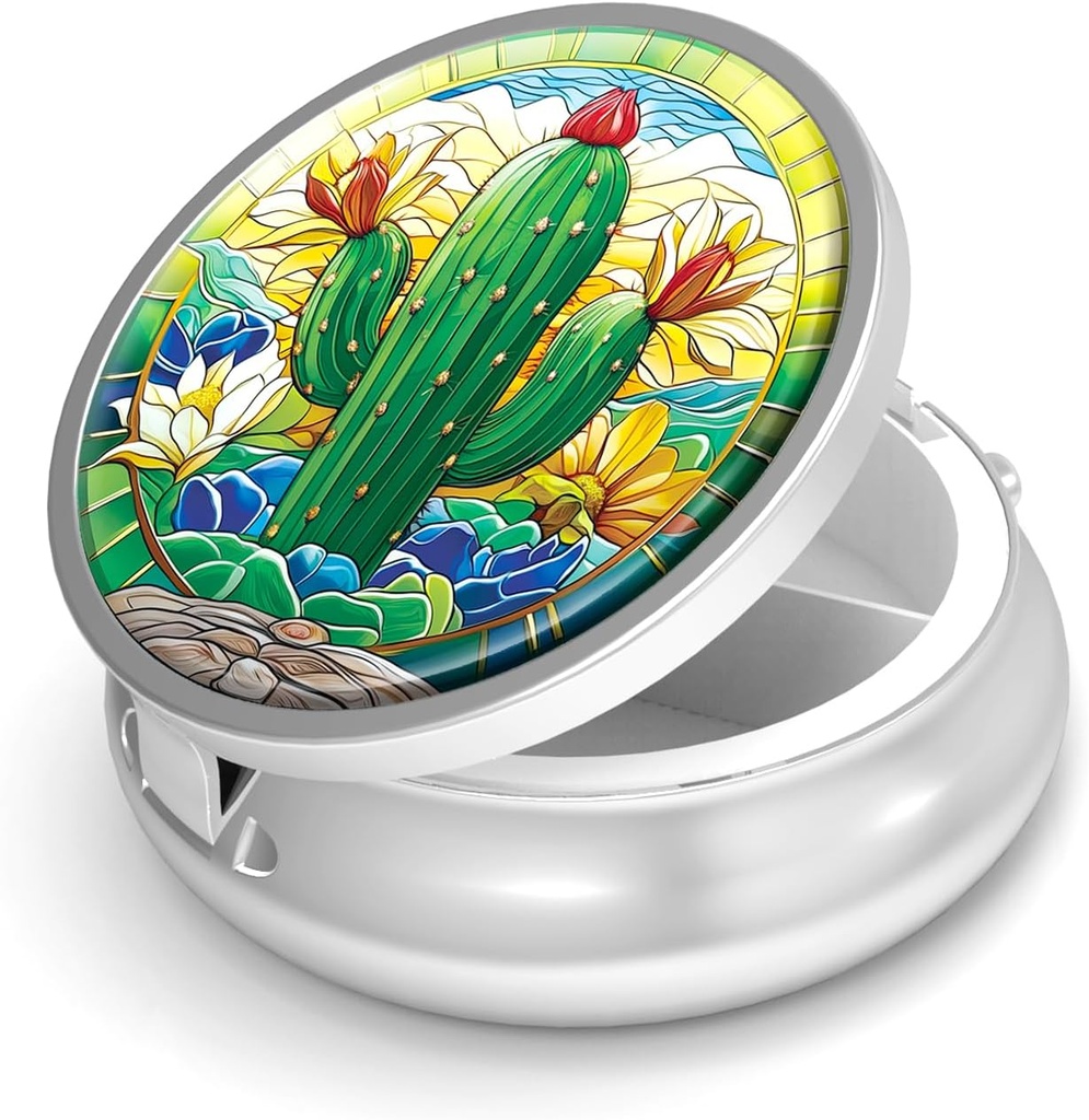Pill Box-3 Compartiment kleine pil geval voor Purse & Pocket Mini metalen pil houder Travel Pill Container om supplementen vitamines BPA-vrij te houden (Cactus)