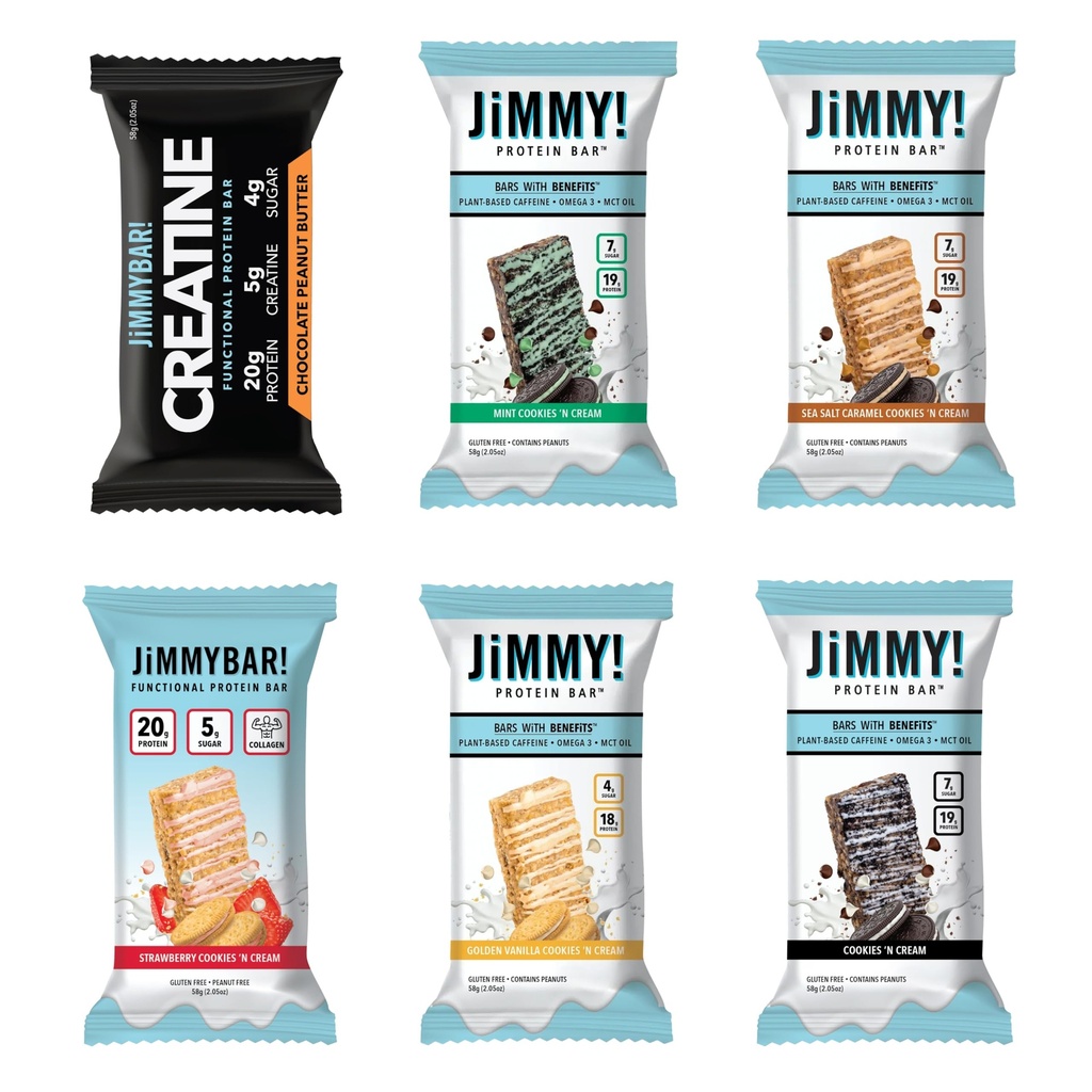 JiMMY! Protein Bar, 12 Count - High Performance Energy Bar with Caffeine and Turmeric, Low Sugar, 25g of Protein, High Protein | Variety Pack 12ct