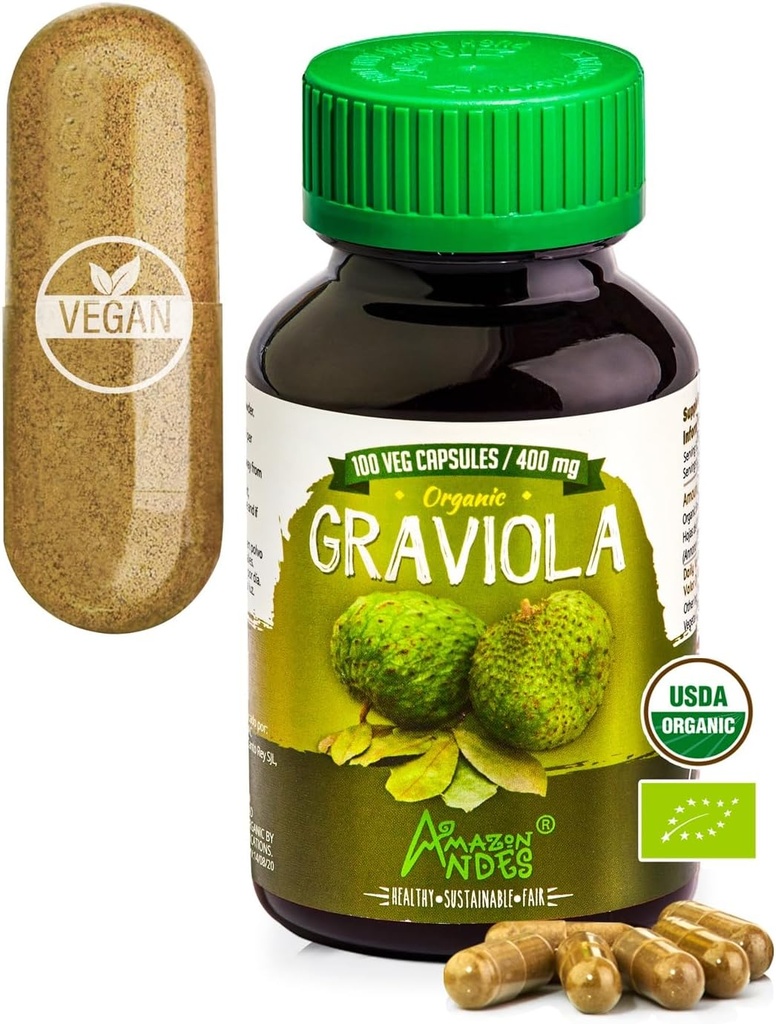 Andes Graviola Capsules - Rijk aan vitamine C & Fiber - Immuunsysteemstimulator - Gezonde celfunctie - Veganistisch, niet genetisch gemodificeerd, Glutenvrij, Fairtrade gecertificeerd - 100 Sourop Pillen (400 mg)