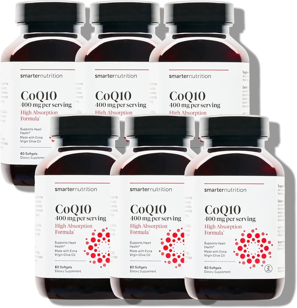 SMARTERNUTRITION CoQ10 400 mg Hoge Absorptie - Uiteraard gefermenteerd Ubichinon met/Organische koudgeperste olijfolie - voor de gezondheid van het hart, Cellular Energy - Non-GMO, Glutenvrij - 360 Tellen[180-Dagvoorziening]