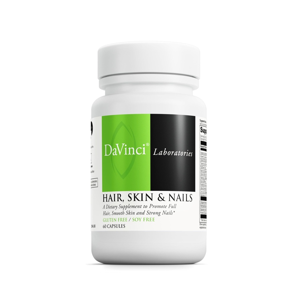 DaVinci Labs Haar, Huid & Nagels - Dieetsupplement voor ondersteuning Gladde, gezonde huid, sterke nagels en haar gezondheid* - met vitamine C en D3, mineralen, biotine, zink en meer - Glutenvrije - 60 capsules