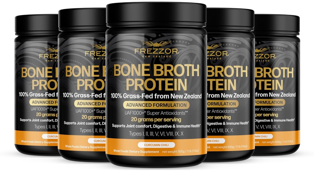 FREZZOR 100% Grass-Fed Collagen Protein Bone Broth with UAF1000+, Peptides Type I II III V VI VIII IX, Anti-Aging, Improves Digestion, Curcumin Chili Flavor, 17.6 Ounce, 5 Jars