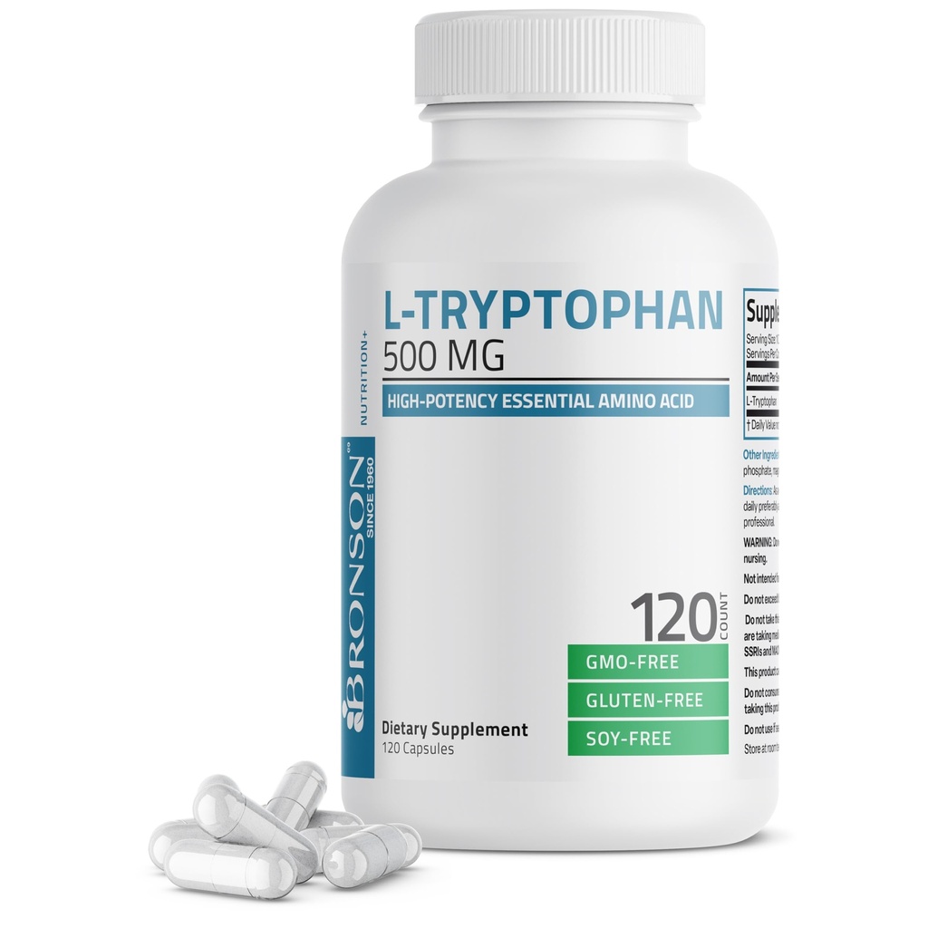 Bronson L-Tryptophan 500 MG High Potency Essential Amino Acid Supports Relaxation & Positive Mood Support Non-GMO, 120 Capsules