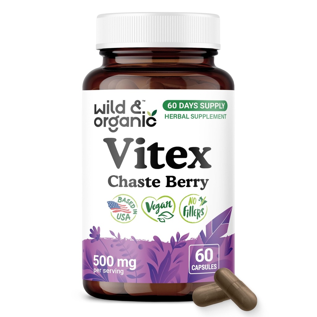 Wild & Organic Vitex Chasteberry Supplement for Women - Peri Menopause Supplements for Women - Vitex Berry Powder Capsules - Chaste Tree Berry Agnus-Castus - Vegan, No Fillers, Non-GMO - 60 Count