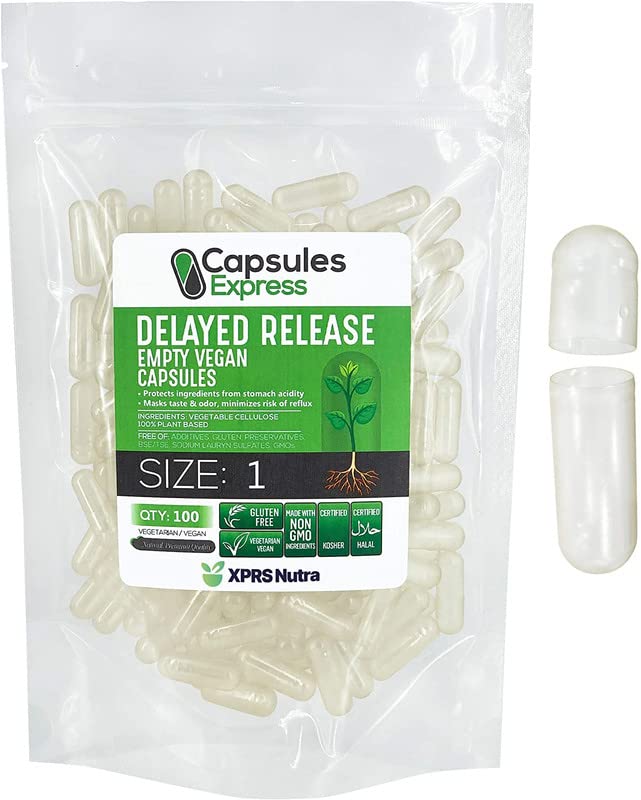 XPRS Nutra Delayed Release Size 1 Empty Capsules - 100 Count Clear Empty Vegan Capsules - Vegetarian Pills DIY Vegetable Capsule Filling - Veggie Gel Caps for Do-It-Yourself Supplements