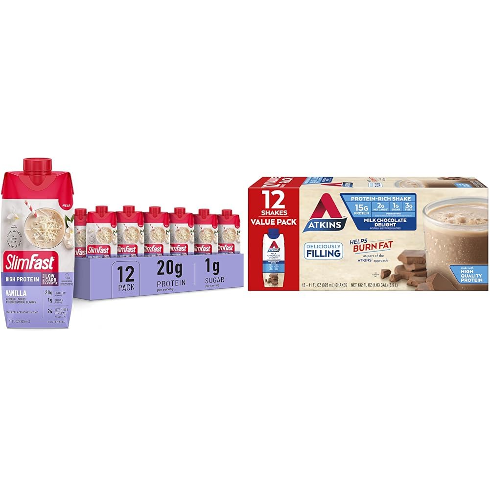 SlimFast Protein Shake, Vanilla- 20g Protein, Meal Replacement Shake Ready to Drink & Atkins Milk Chocolate Delight Protein Shake, 15g Protein, Low Glycemic, 2g Net Carb, 1g Sugar