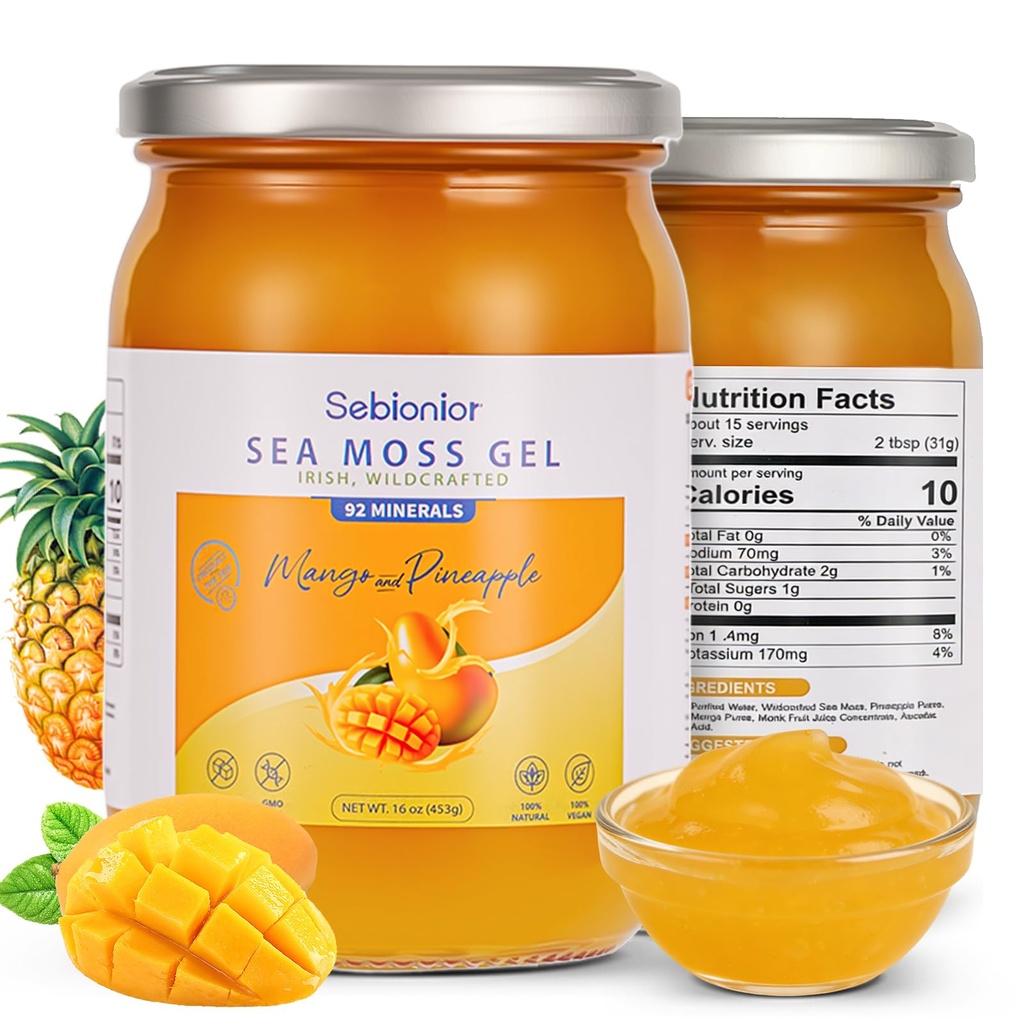 Sea Moss Gel with Essential Vitamins, Trace Minerals, Vegan Superfoods for Jams, Jellies, and Sweet Sauces (Mango)
