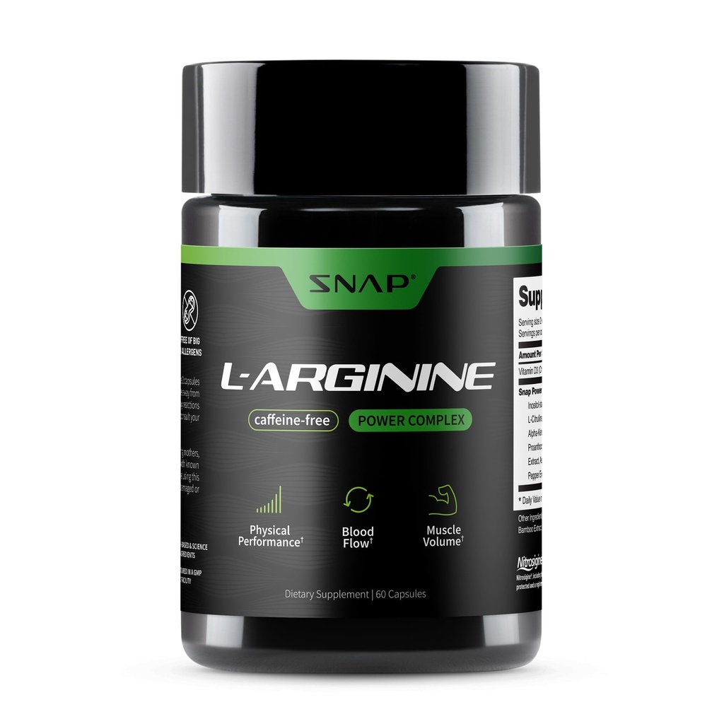 Snap Supplementen L Arginine Capsules - Ondersteunt natuurlijke energie, verhoogde bloedstroom en spiergroei en cardio-gezondheid, 60 Vegetarische capsules (30 porties, 1 maand aanbod)