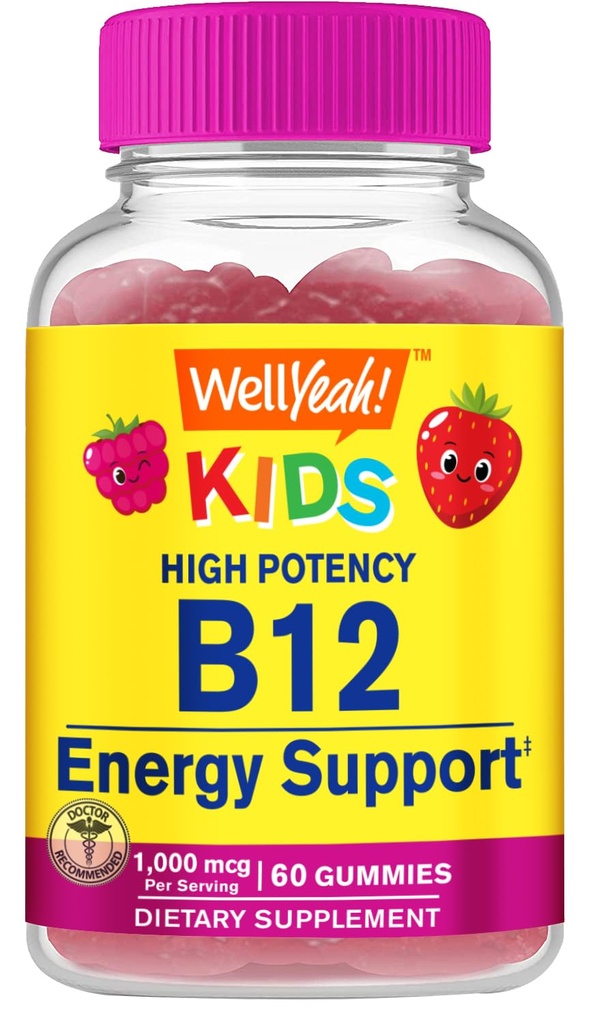 WellYeah Vitamine B12 Gummies for Kids - Boost Energy, Verbeter de hersenfunctie, en Versterk het immuunsysteem - Non-GMO, Glutenvrij - Geweldige Proef Berry smaak - Gemakkelijk te kauwen - 60 Gummies