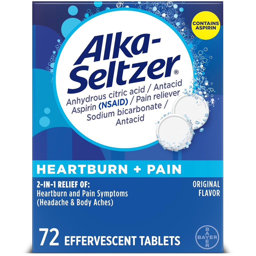 Alka-Seltzer Heartburn + Pain Effervescent Aspirin + Antacid Tablets, Fast Heartburn Relief and Acid Indigestion Relief, Pain Relief with Aspirin, 72 Ct