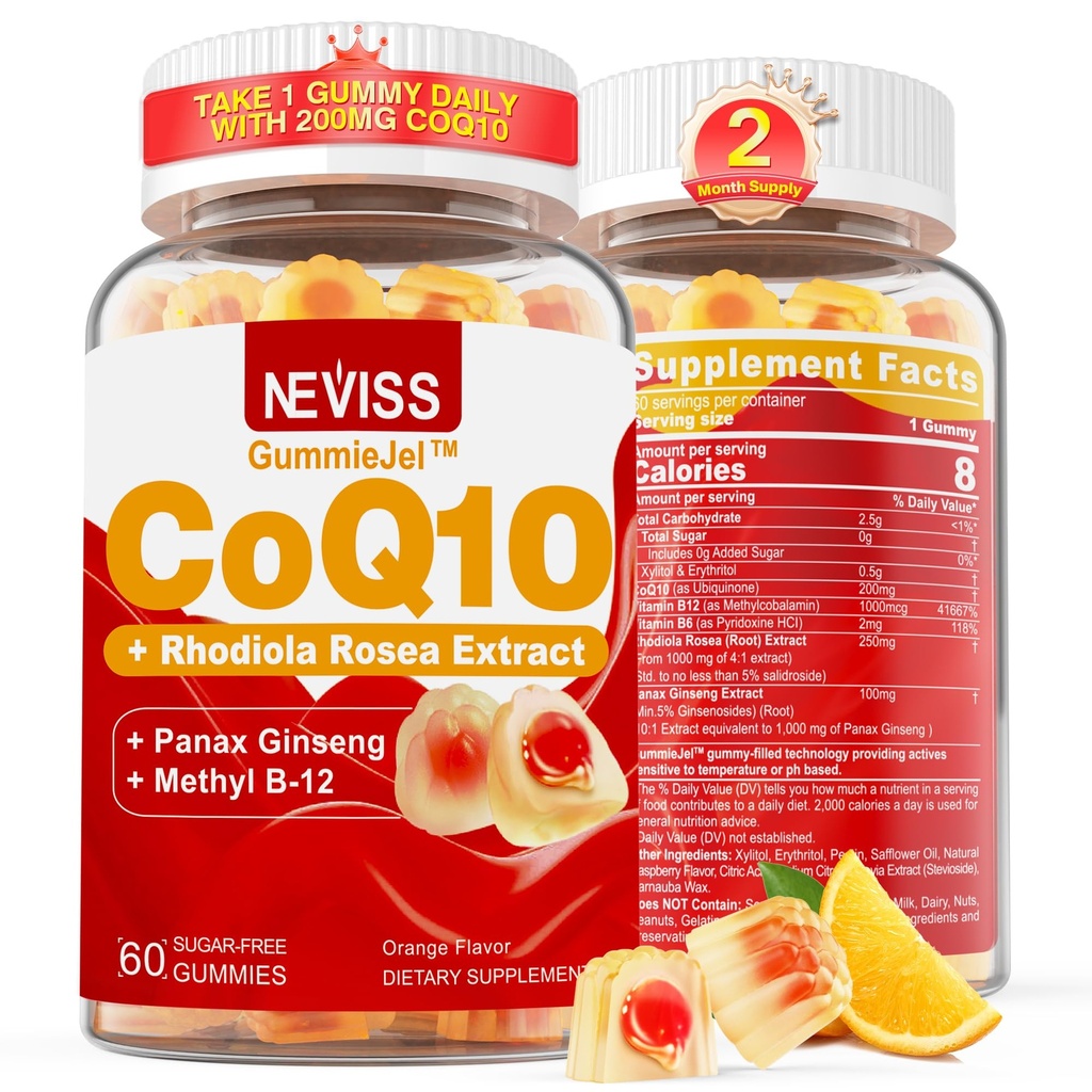 Suikervrij CoQ10-200mg 400mg Gevulde Gummies - 2 maanden Levering - w/ Vitamine B12 1000mcg, Rhodiola Rosea & Panax Ginseng, B6, Co-enzym Q10 Supplement voor Hear-t, Energie, Antioxidant, Ultra Absorptie