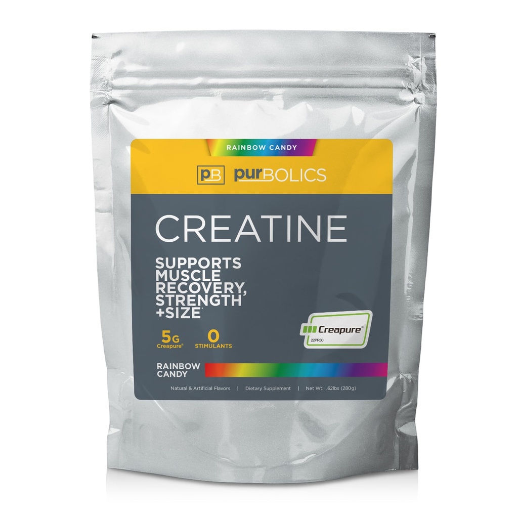 Purbolics Creapure Creatine Monohydrate, Micronized Creatine 5g, Elevate Workout Performance and Recovery, Build Strength, Enhance Pumps (50 Servings, Rainbow Candy)