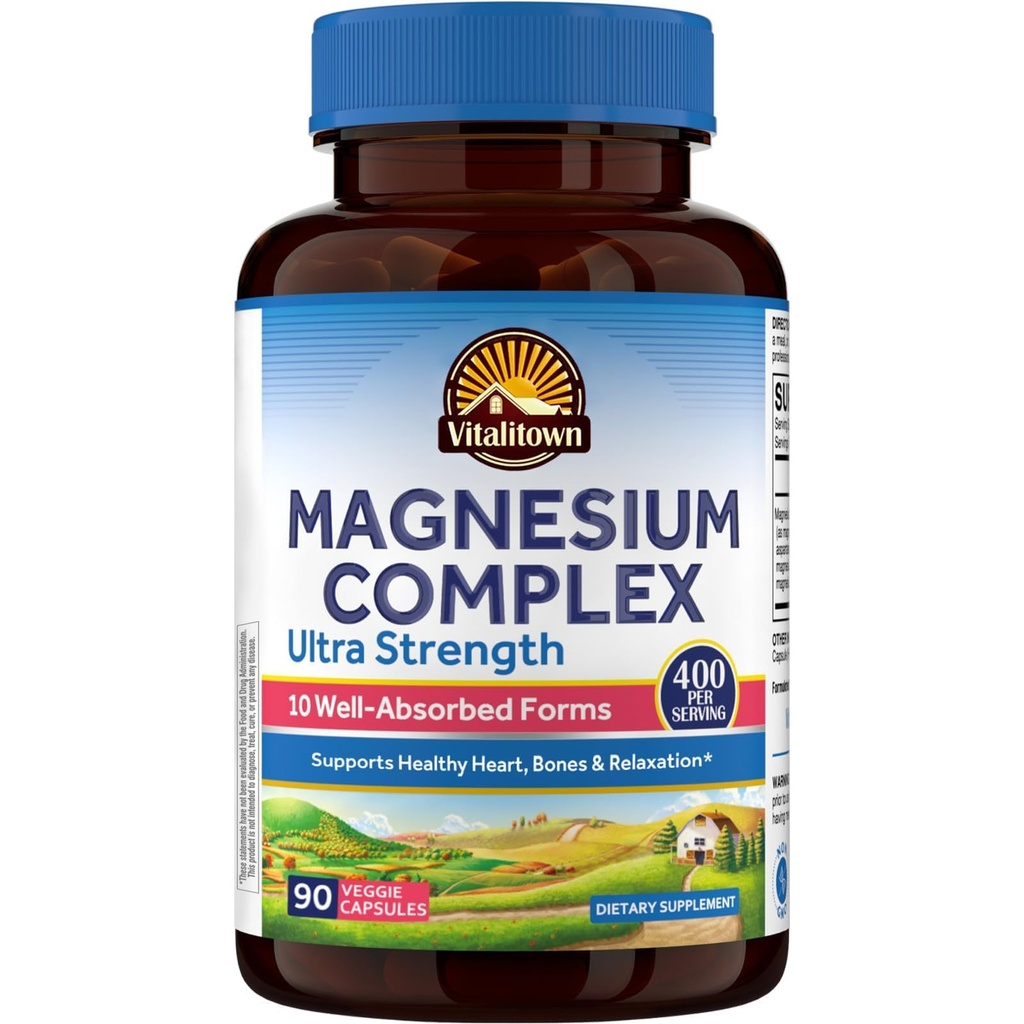 Vitalitown 10 in 1 Magnesium Complex Supplement - 400mg Elemental Magnesium Chelated with Glycinate, Citrate, Malate, Taurate & More - for Sleep Heart Energy - Non-GMO, Vegan, 90 Caps