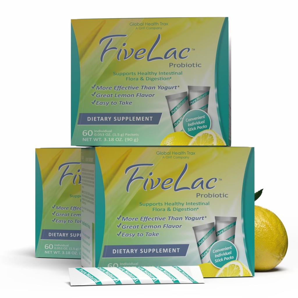 GHT - FiveLac Lemon Probiotic Powder Drink Mix, Probiotics for Women, Men, and Kids - Smooth Digestive Support and Elimination - Relieves Occasional Constipation and Gas - 60 Packets (3 Pack) Non-GMO
