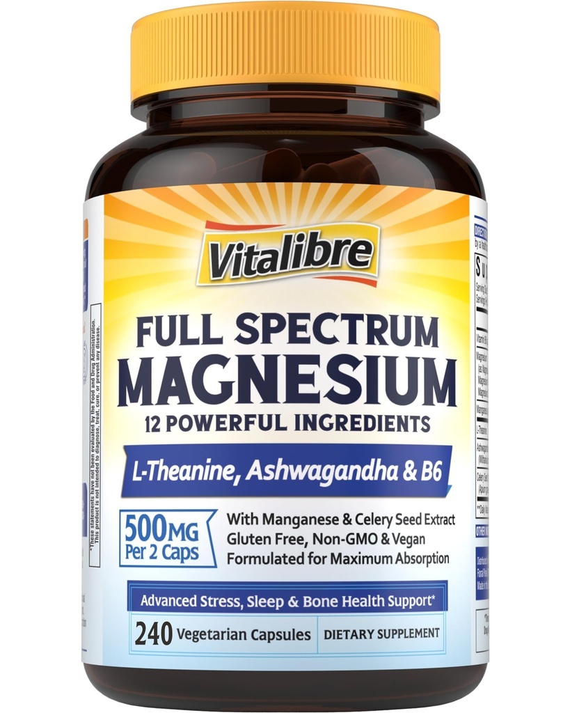Vitalibre Magnesium Complex Supplement 500mg + Ashwagandha, L-Theanine, Vitamin B6 & Celery, High Absorption Magnesium Glycinate, Citrate, Malate, Sleep & Bone Support, 240 Vegan Capsules