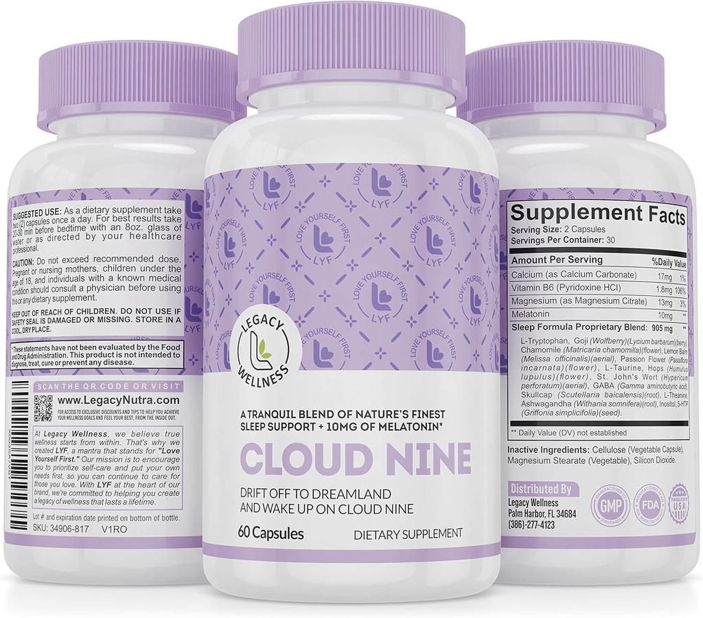Cloud 9 - All Natural Sleep Aid Supplement - Ontspannende Vitamine & Herbal Formula - 10mg Melatonine Calcium Magnisium L-Theanine 5-HTP GABA St. John's Wort Ashwagandha Chamomile & More 60 Vegan Capsules