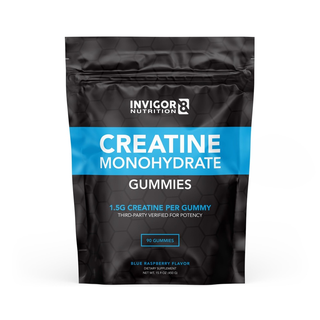 INVIGOR8 Creatine Gummies, Non GMO Creatine Monohydrate for Men and Best Creatine for Women, 4.5 Grams of Creatine Per Serving 90 Gummies, Halal Gluten Free Vegan, Low Sugar, Blue Raspberry