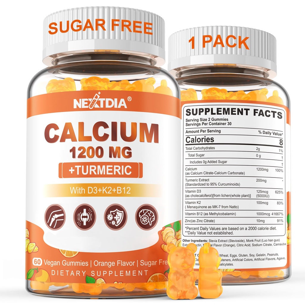 Calcium Gummies with Turmeric for Women & Men - Calcium 1200mg with Vitamin D3 K2 B12 5000 IU & Zinc, Suger-Free Calcium Supplement for Bone, Muscle Strength & Immune Support - Vegan(60 Count)