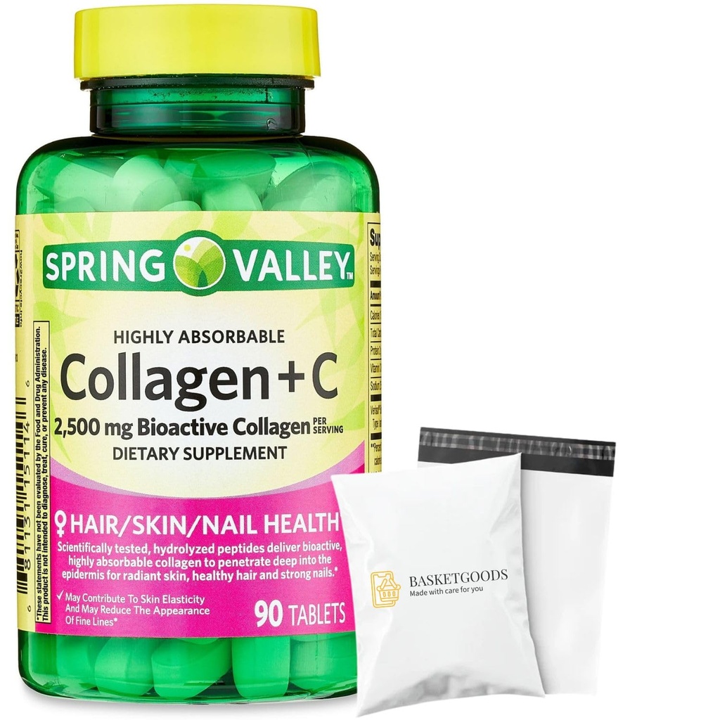 Spring Valley's Collagen + C Tablets, 2,500mg, 90 Tablets | Collagen Plus Vitamin c | Collagen + Vitamin C 60 mg | Collagen C Spring Valley Bundle with Basket Goods Store