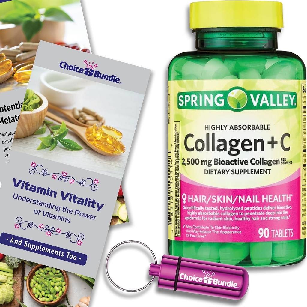 Spring Valley Highly Absorbable Collagen + Vitamin C Tablets Hair Skin Nail Health 2500 mg 90 Ct Plus Vitamin Vitality & Pill Container (3 Items)!