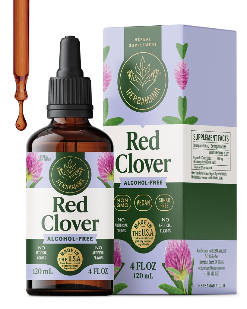 HERBAMAMA Red Clover Supplement for Menopause Support* - Liquid Red Clover Herb with Isoflavones for Hormone Balance for Women - Lymphatic Drainage Drops - Vegan, Non-GMO, 84-Day Supply