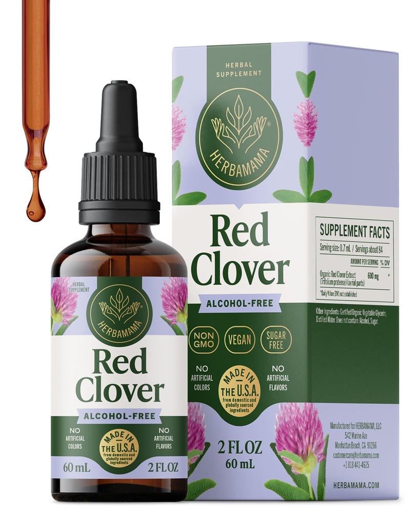 HERBAMAMA Red Clover Supplement for Menopause Support* - Liquid Red Clover Herb with Isoflavones for Hormone Balance for Women - Lymphatic Drainage Drops - Vegan, Non-GMO, 42-Day Supply