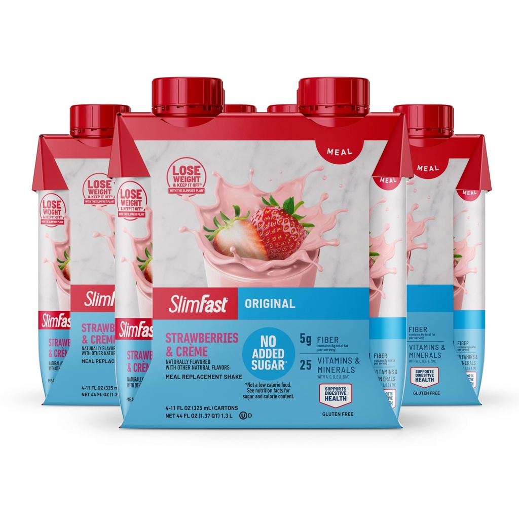 SlimFast Meal Replacement Shake, Original Strawberries & Crème, No Added Sugar, Meal Replacement Shakes, 10g Ready to Drink Protein, 5g Fiber, 25 Vitamins and Minerals, 11 Fl. Oz, 12 Count