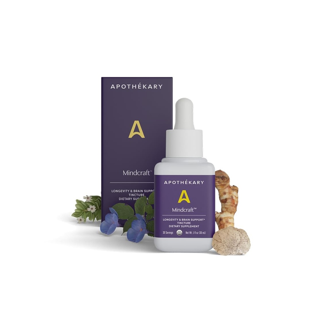 Apothékary Mindcraft Tinctuur, Cognition & Focus, Longevity and Anti-Aging Herbal Supplement, Brain Health Support, Veganistan, 30 Servers