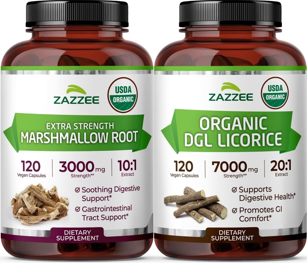 Zazzee USDA Organic Gut Lining Support Bundle | 20:1 DGL Licorice Root Plus Marshmallow Root Capsules | Non-GMO Vegan & ISO Lab Tested (120 Servings Each)