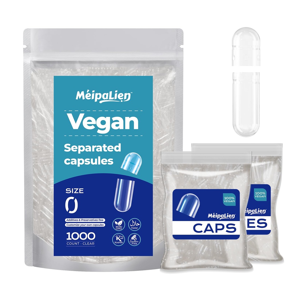 Vegan Separated Capsules Size 0,1000 Count Empty Premium Veggie Capsules Separated, Empty Pill Clear for Vegetarian DIY Supplements