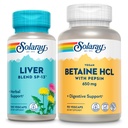 SOLARAY Liver Blend SP-13 and Vegan Betaine HCl with Pepsin - Wellness and Digestive Enzymes Bundle - Herbal Support w/Milk Thistle, Dandelion - Betaine Hydrochloride for Gut Health, 100/90 VegCaps