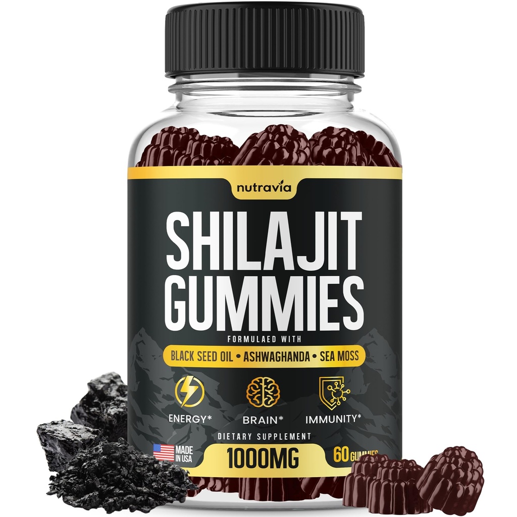 Shilajit Gummies - 3 in 1 with Sea Moss, Black Seed Oil, Ashwagandha - Natural Formula Shilajit Supplement 85+ Trace Minerals, Pure Himalayan Shilajit Gold Gomitas De Shilajit, USA Made (60 Gummies)