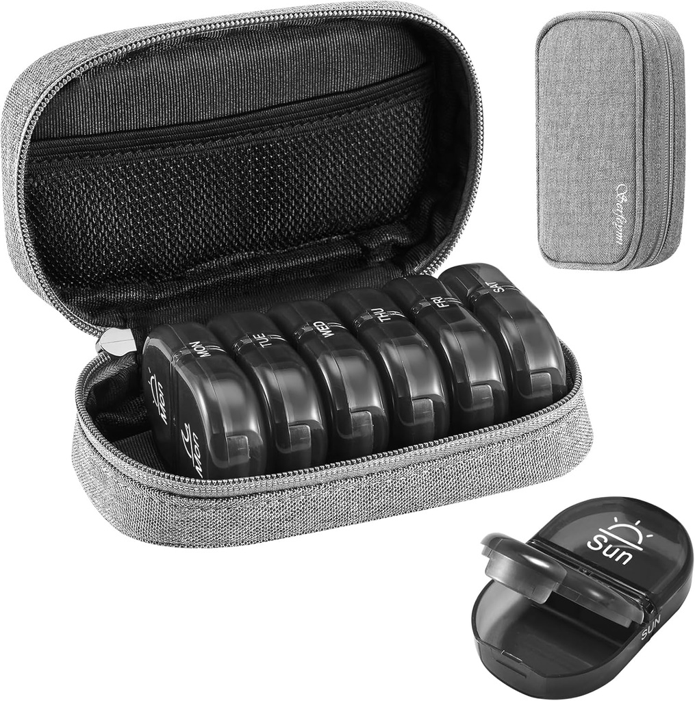 Serfeymi Weekly Travel Pill Organizer 2 keer Een dag AM PM Geupgraded Black Pill Box 7 dag met Portable Zipper Canvas Pill Case, Medicine Organizer voor pillen, Vitaminen, Supplementen, Visolie - Grijze 01